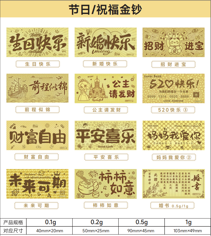 金鈔定制0.1克0.2克0.5克1克